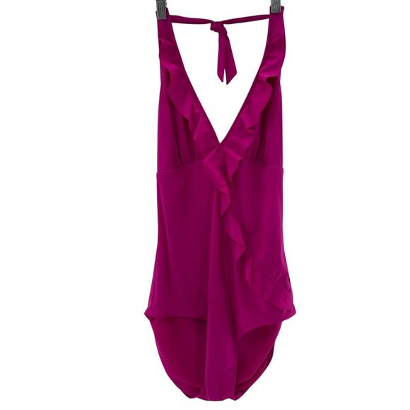 Assets by SPANX Pink V-Neck Ruffle Halter Style Swimsuit Size XL Preppy Vacation - Picture 2 of 7